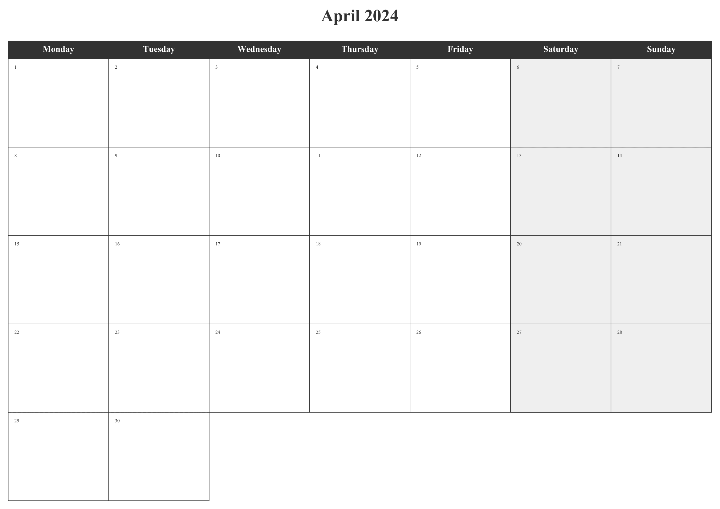 Monthly calendar - Default settings