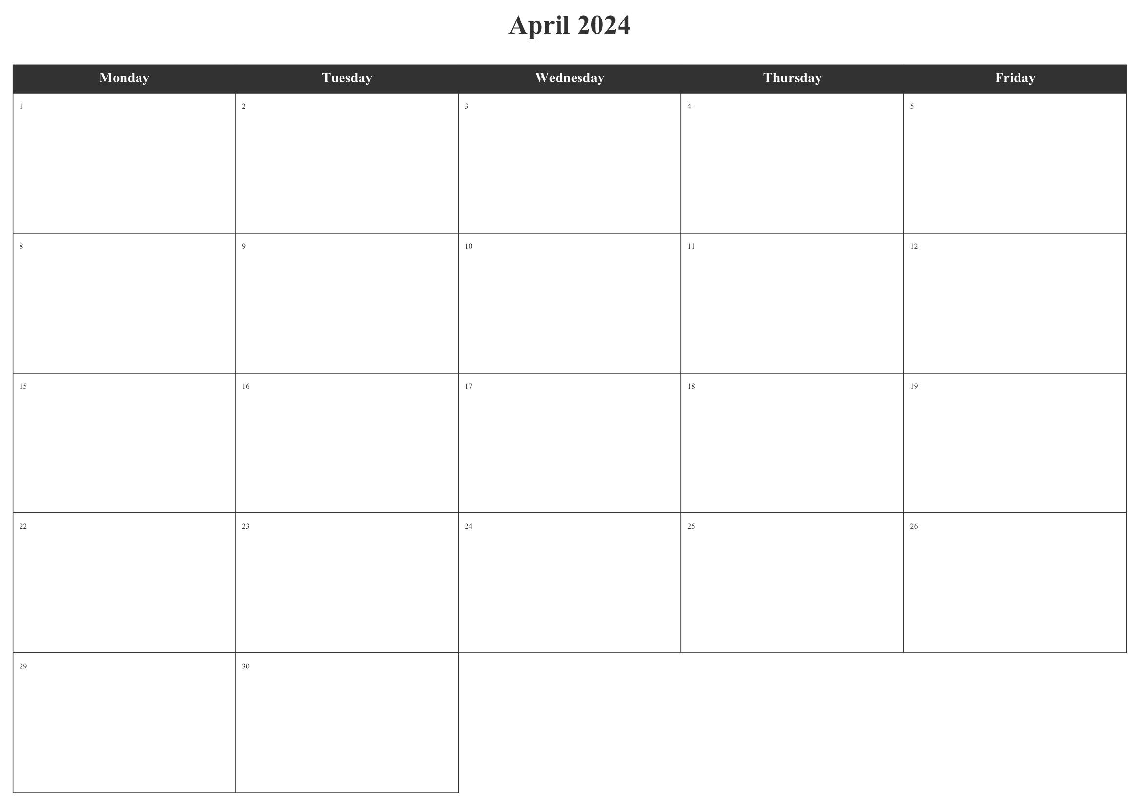 Monthly calendar - Working weeks