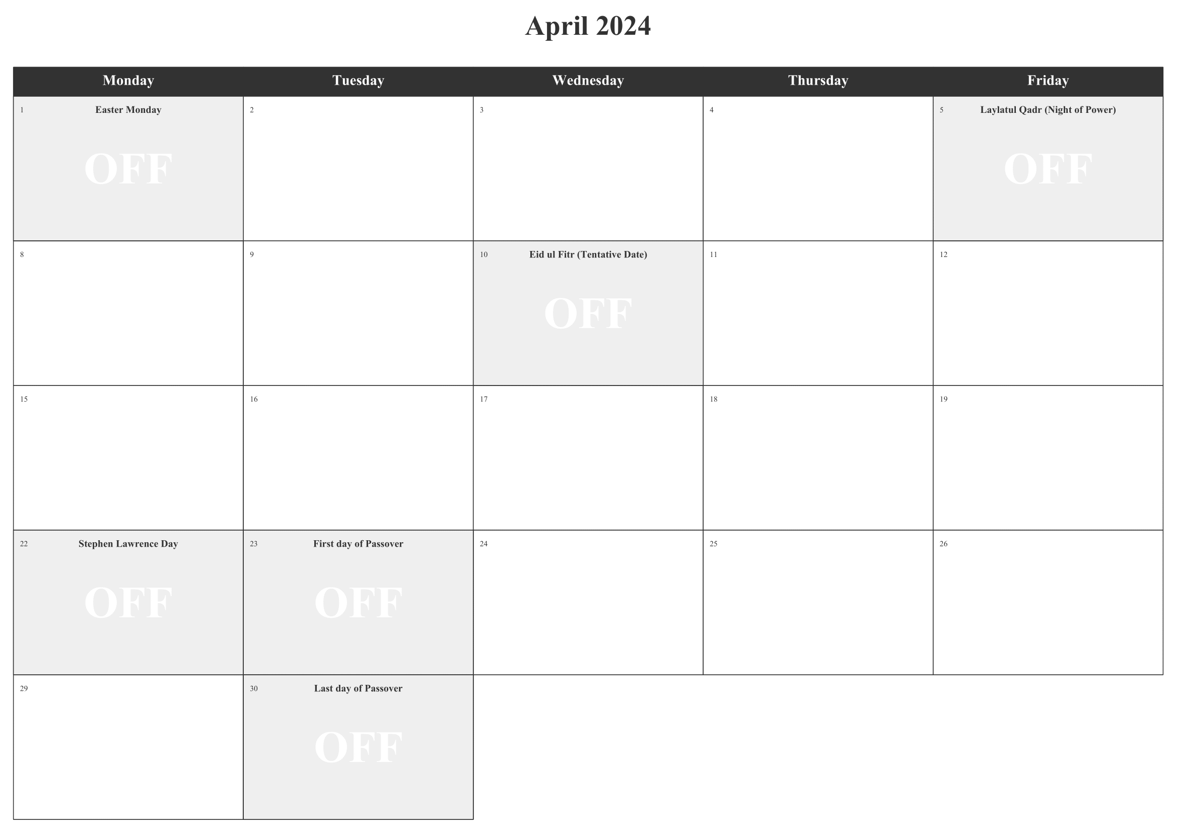 Monthly calendar - UK Holidays