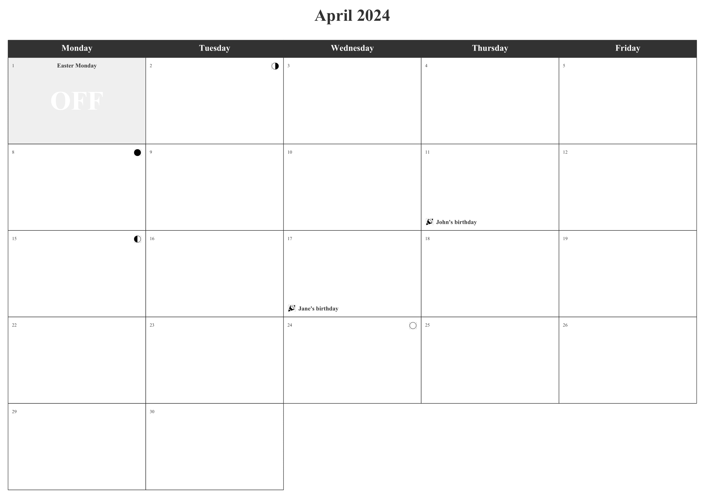 Monthly calendar - Special dates