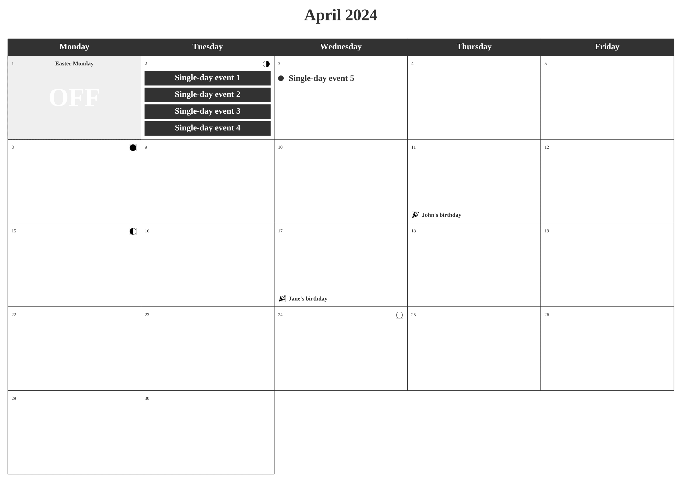 Monthly calendar - Single-day events (bis)