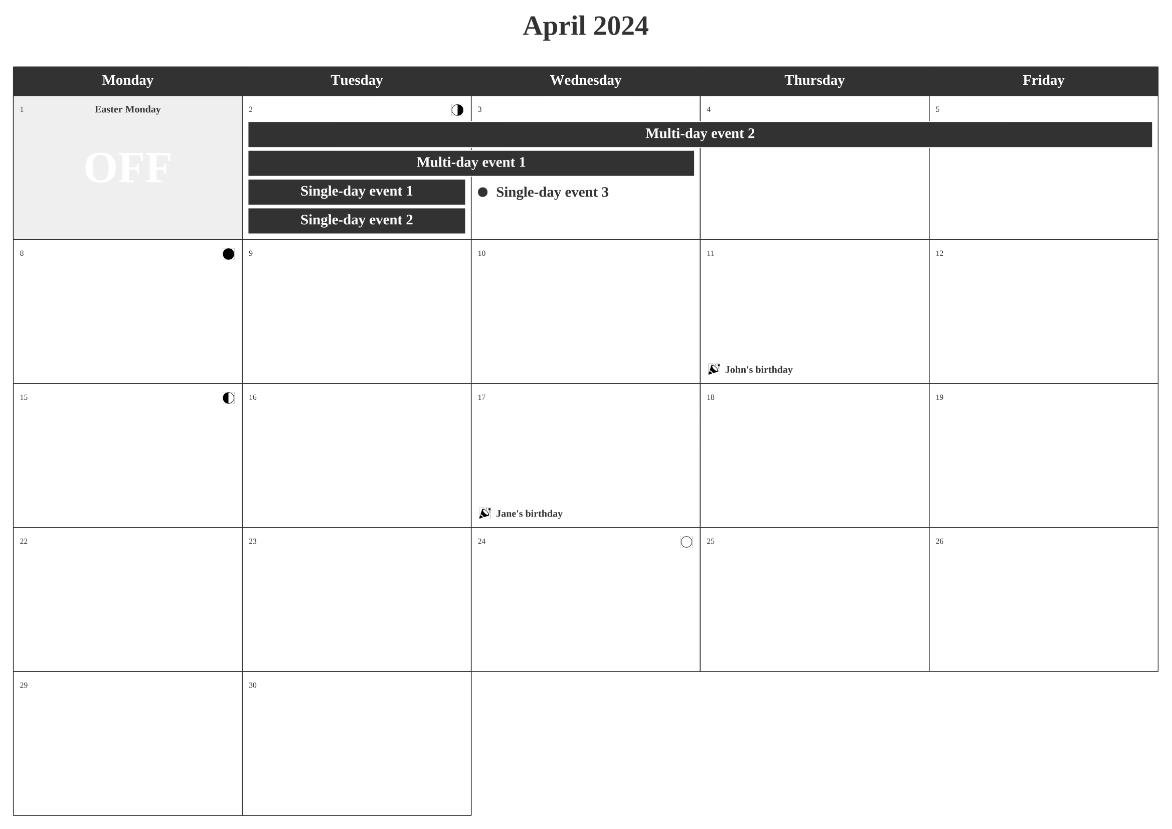 Monthly calendar - Multi-day events