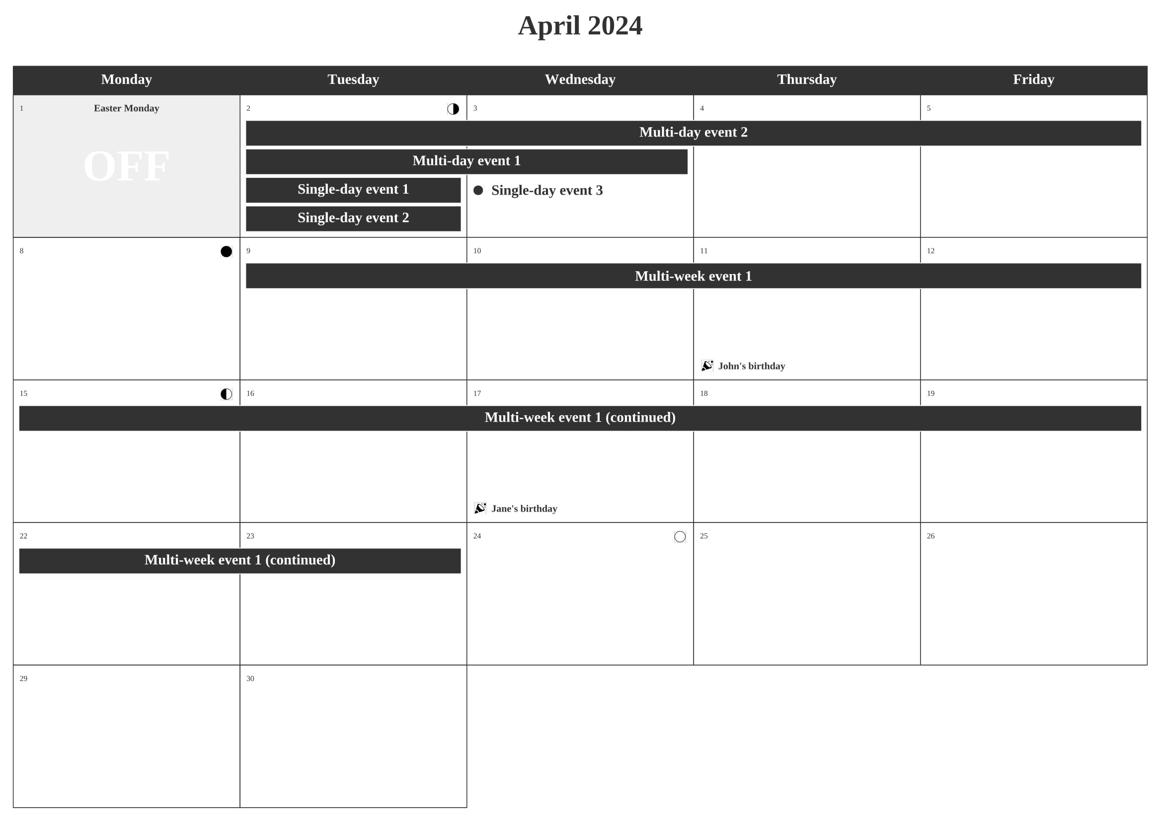 Monthly calendar - Multi-week events